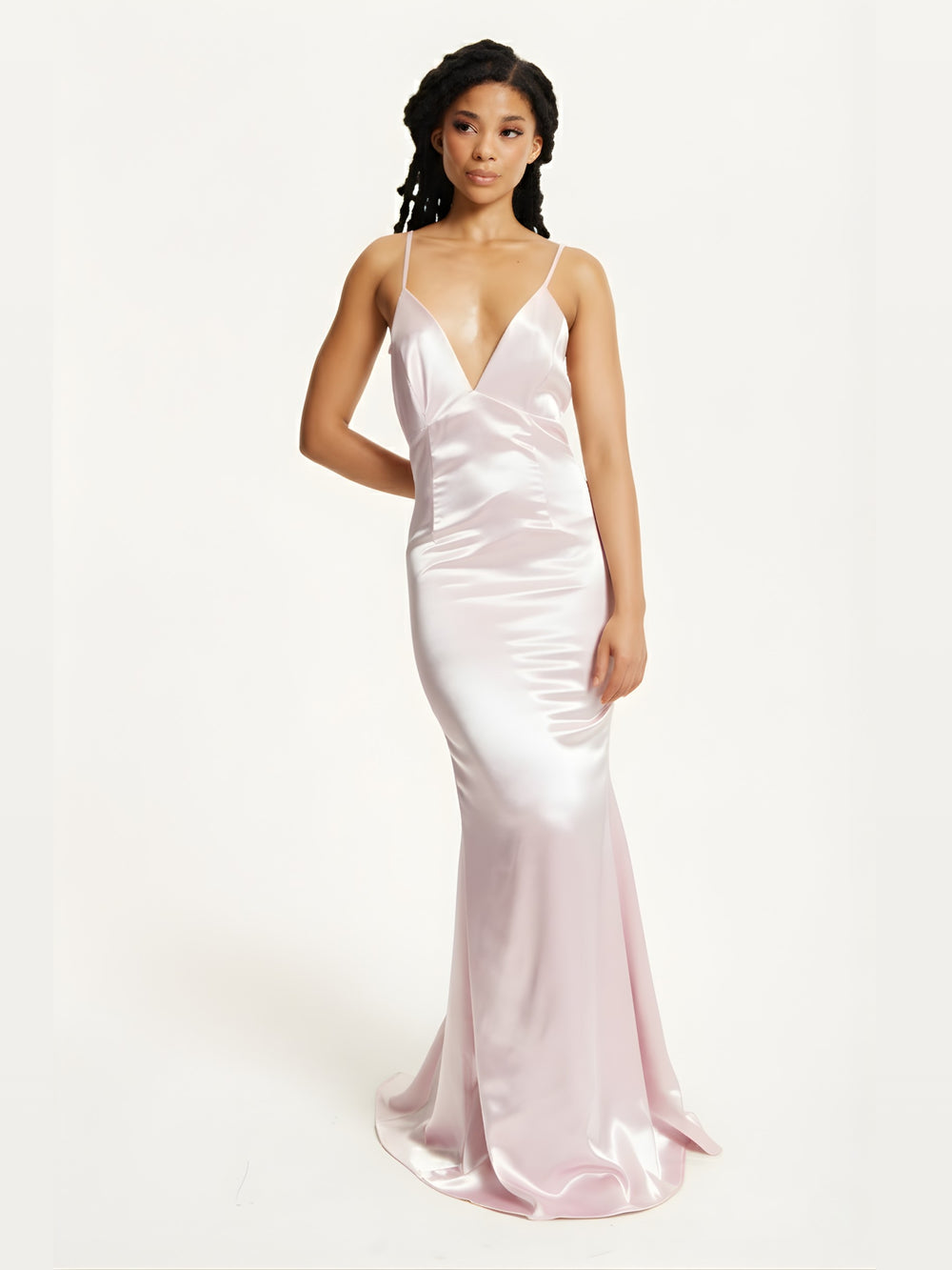 Pink Satin Plunge Maxi Dress
