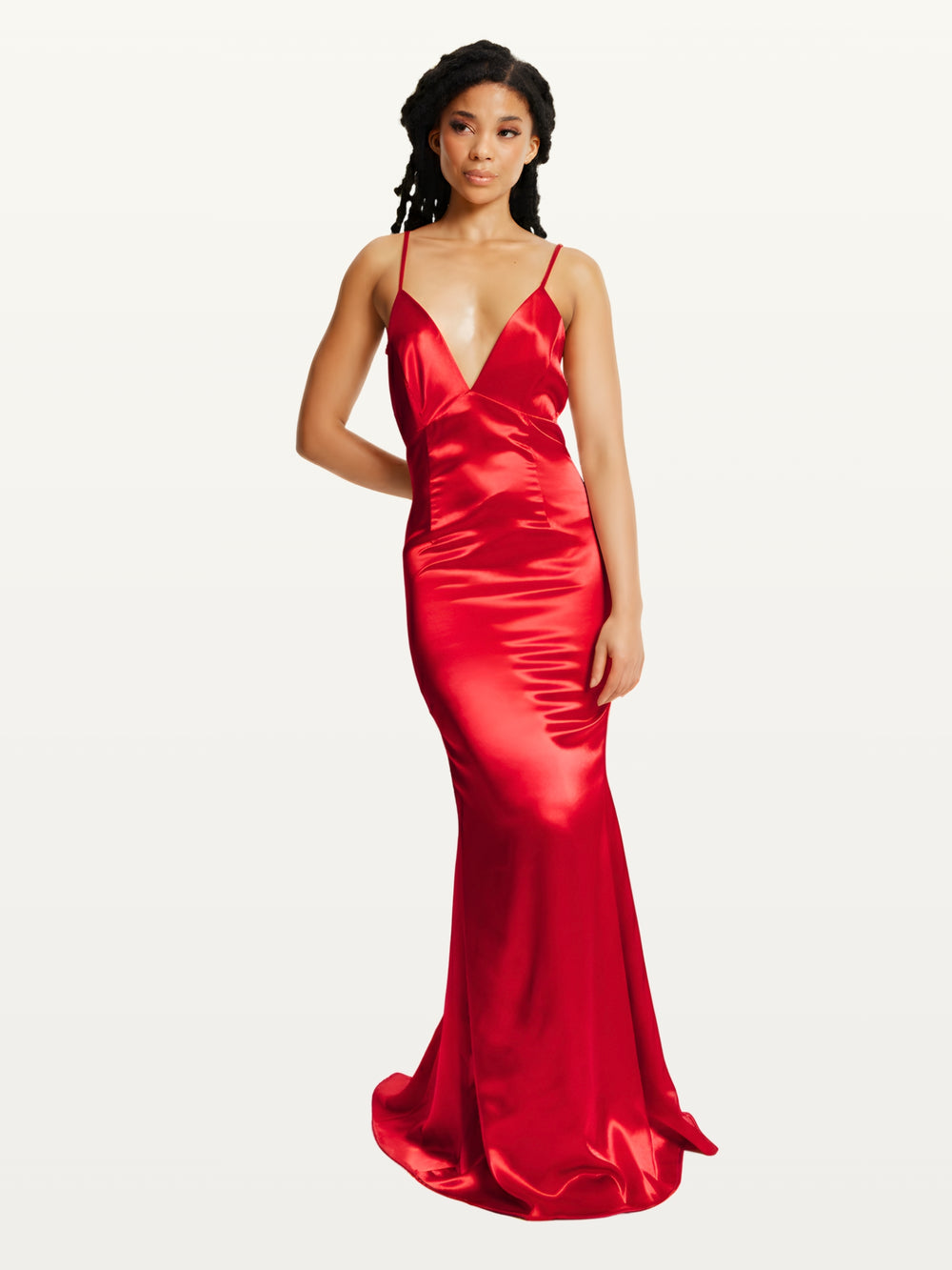 Red Satin Plunge Maxi Dress