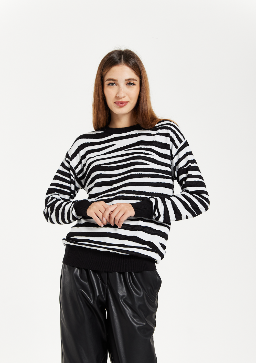 Women's Black & White Zebra Jumper - Cozy Long Sleeves, Round Neck, Premium Fabric by Liquorish