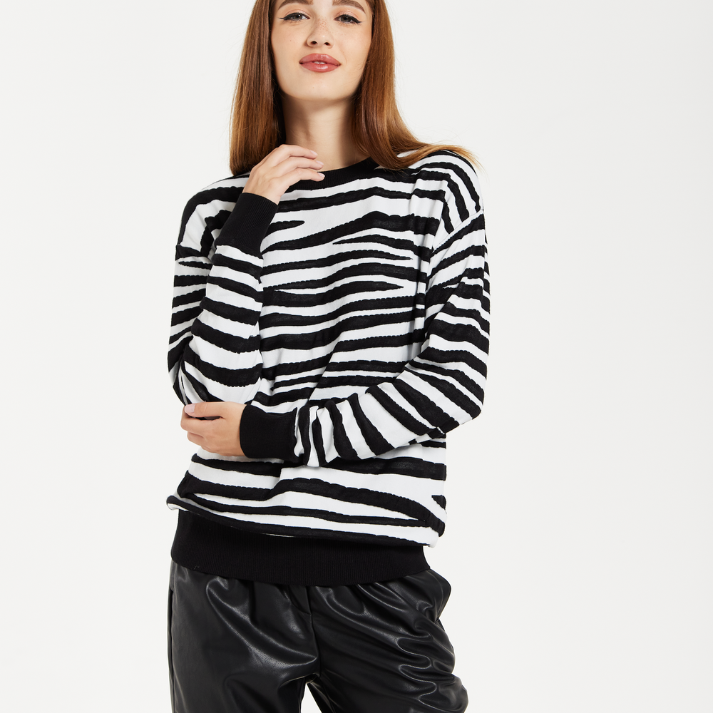 
                  
                    Women's Black & White Zebra Jumper - Cozy Long Sleeves, Round Neck, Premium Fabric by Liquorish
                  
                