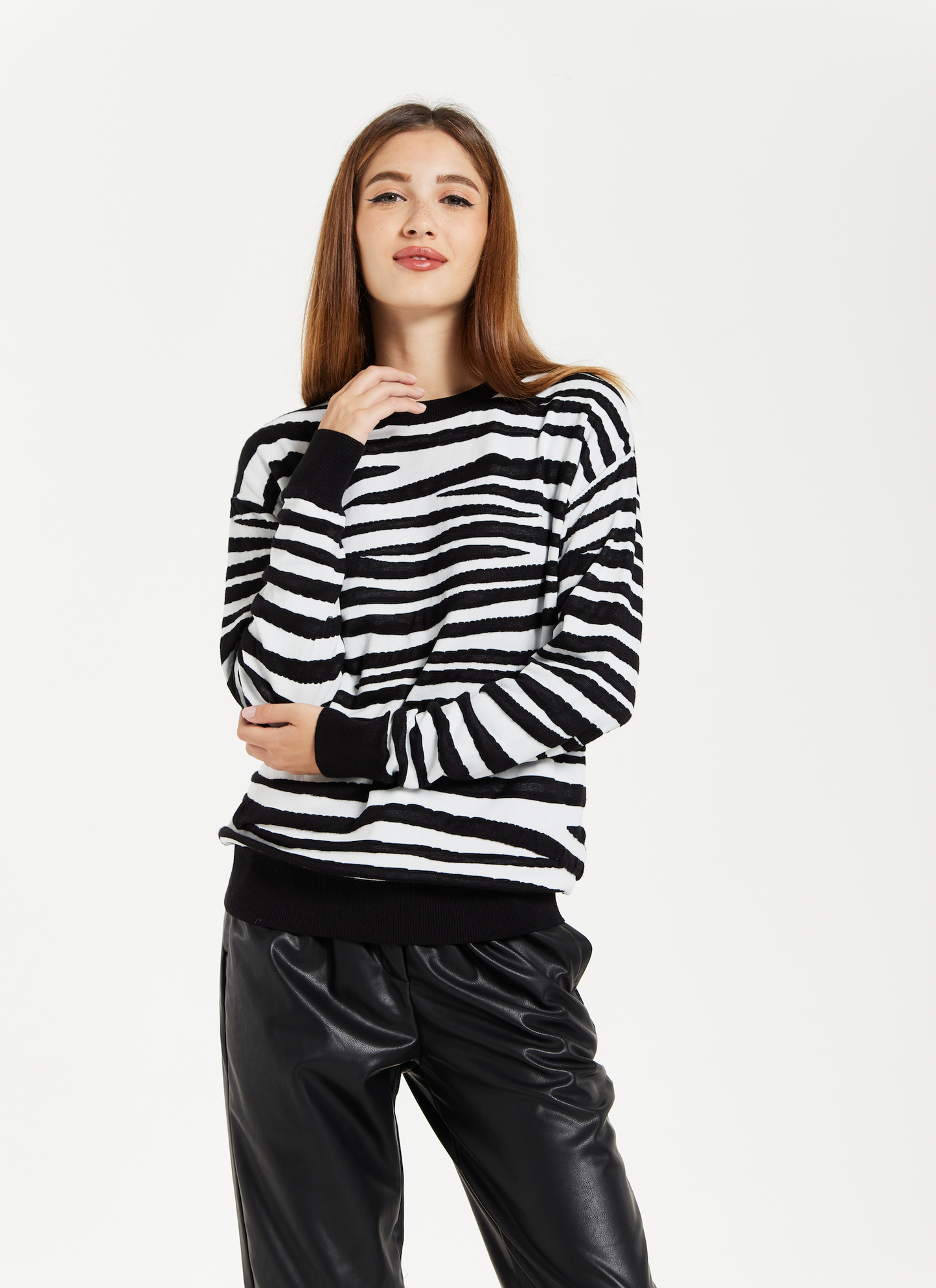 
                  
                    Women's Black & White Zebra Jumper - Cozy Long Sleeves, Round Neck, Premium Fabric by Liquorish
                  
                