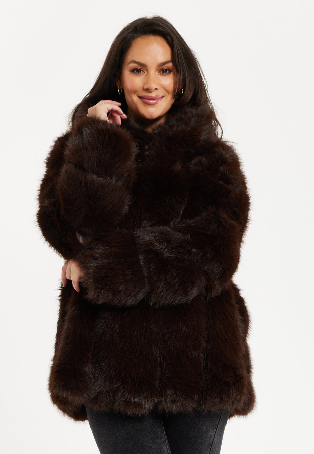 Women's Jacket in Luxe Chocolate Brown with Hood, Long Sleeve, Solid Pattern, Faux Fur by Liquorish