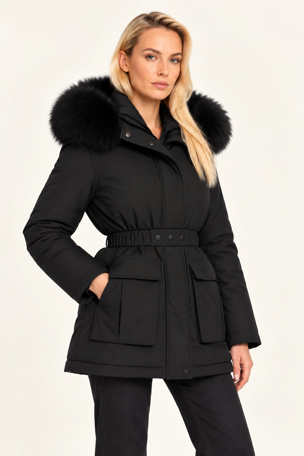 
                  
                    Black Faux Fur Trim Belted Parka Coat
                  
                
