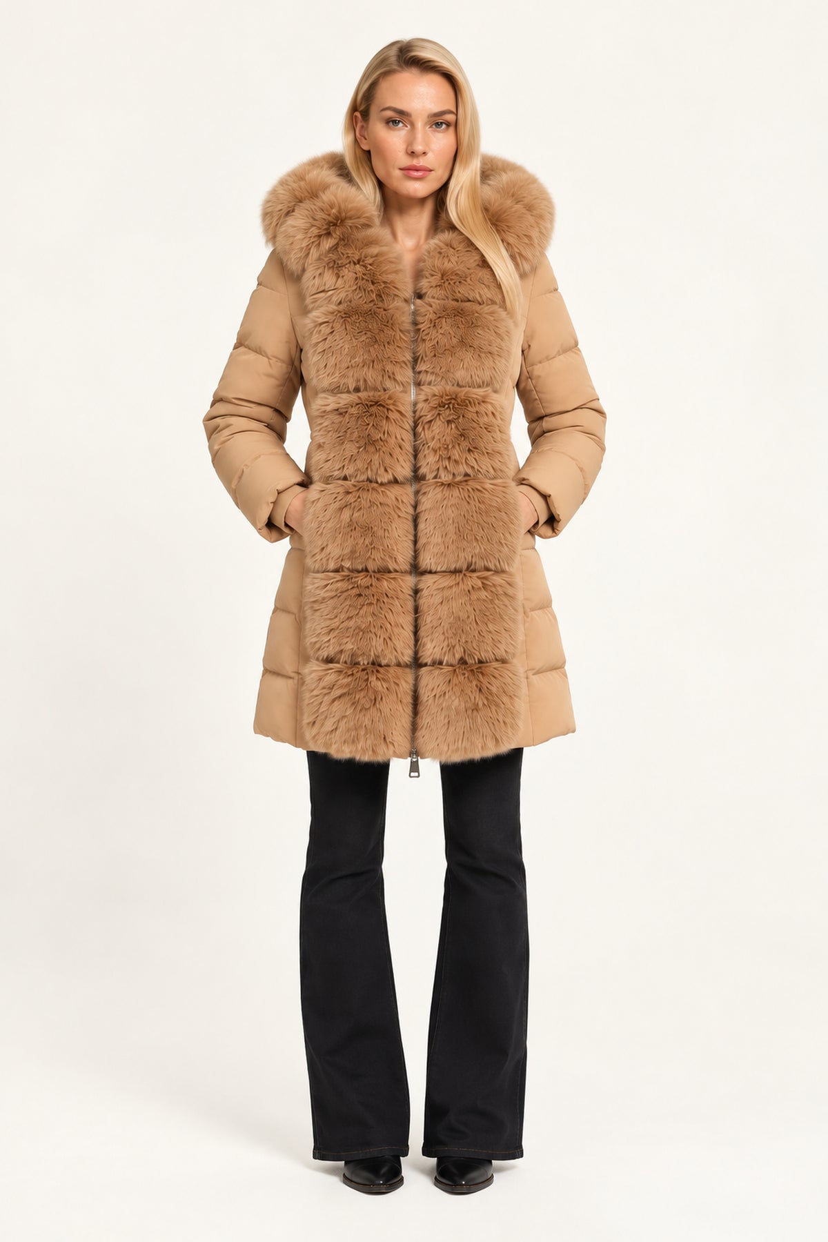 
                  
                    Camel Faux Fur Trim Belted Puffer Coat
                  
                