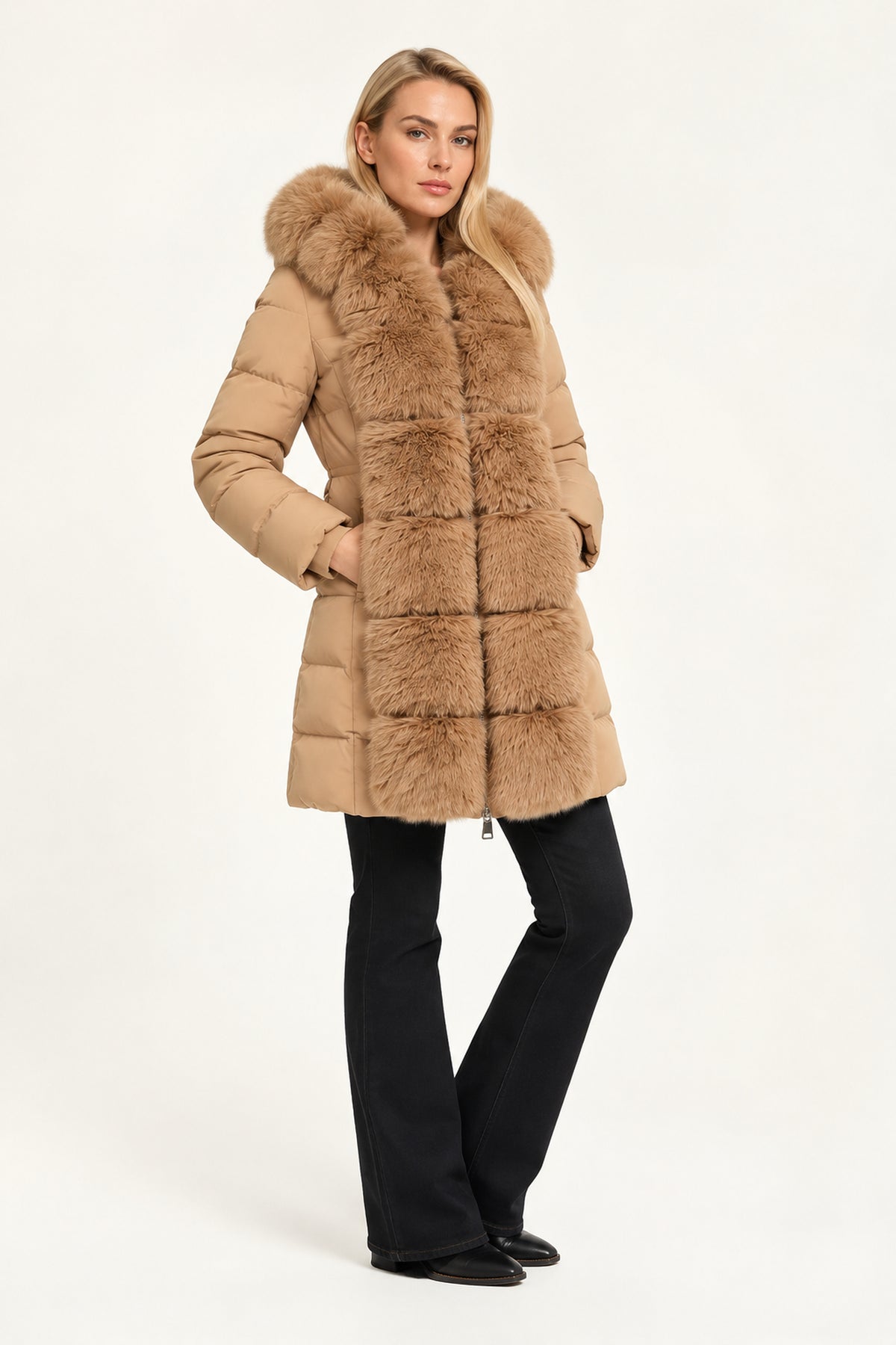 
                  
                    Camel Faux Fur Trim Belted Puffer Coat
                  
                