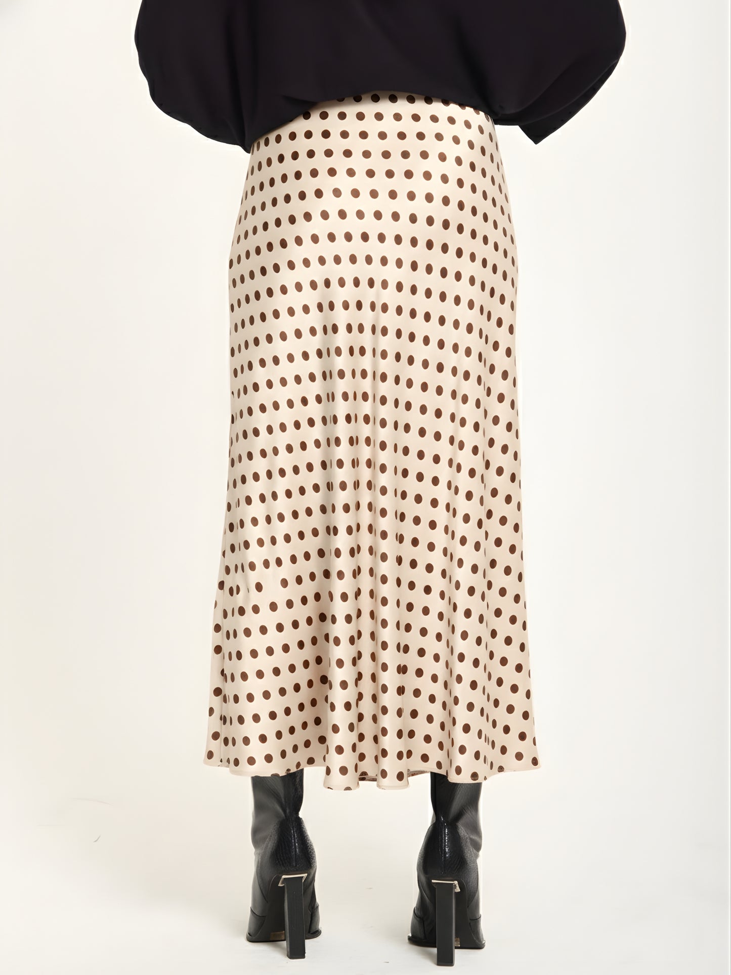
                  
                    Beige Polka Dot Satin Midi Skirt
                  
                