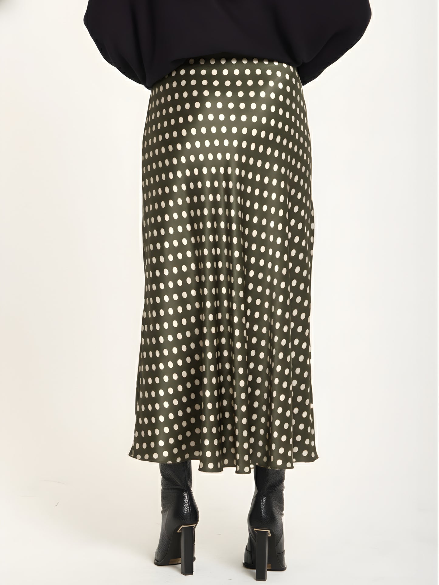 
                  
                    Khaki Polka Dot Satin Midi Skirt
                  
                