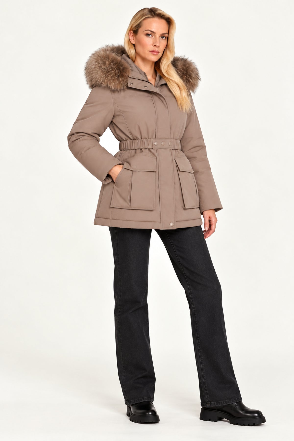 
                  
                    Faux Fur Hooded Padded Parka in Taupe
                  
                