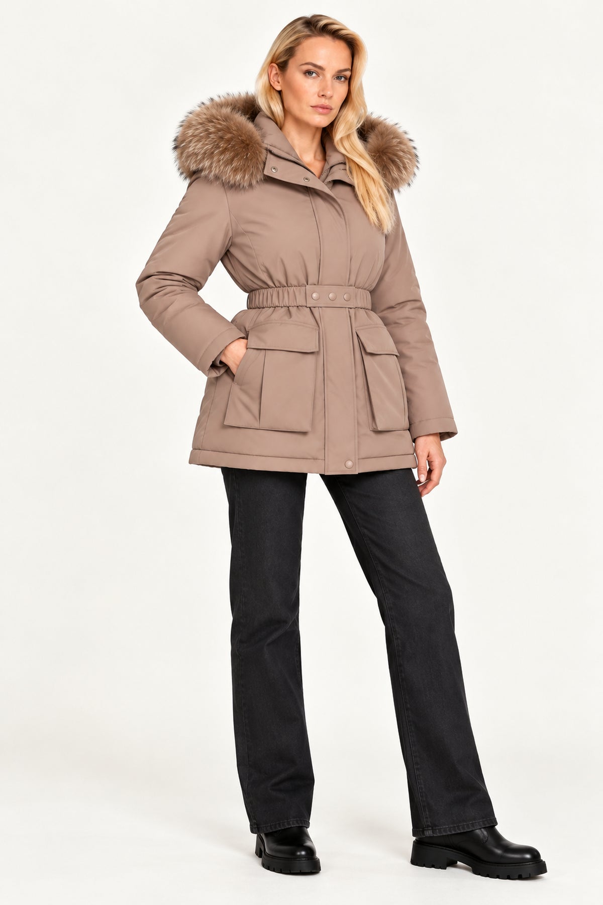 
                  
                    Faux Fur Hooded Padded Parka in Taupe
                  
                