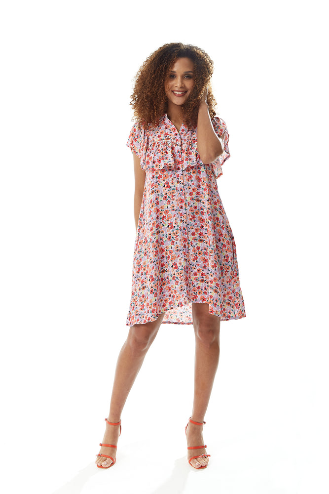 Liquorish Purple Based Floral Mini Shirt Dress with Frill Details