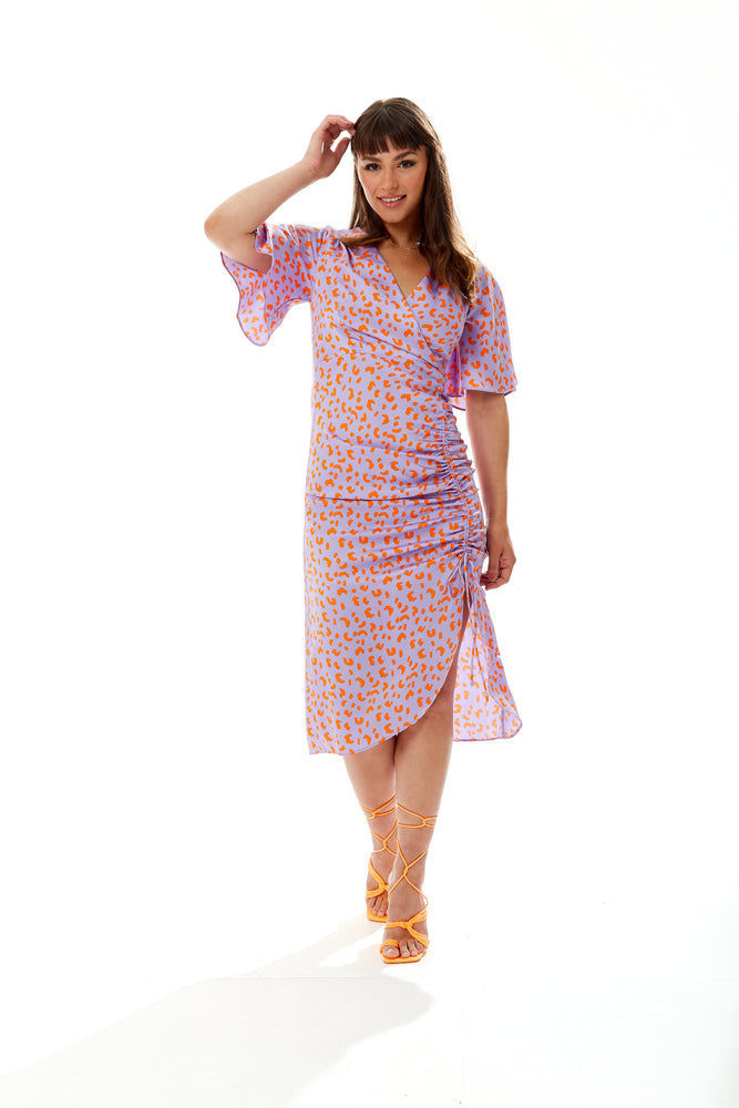 Liquorish Midi Wrap Dress With Cheetah Print In Lilac and Orange