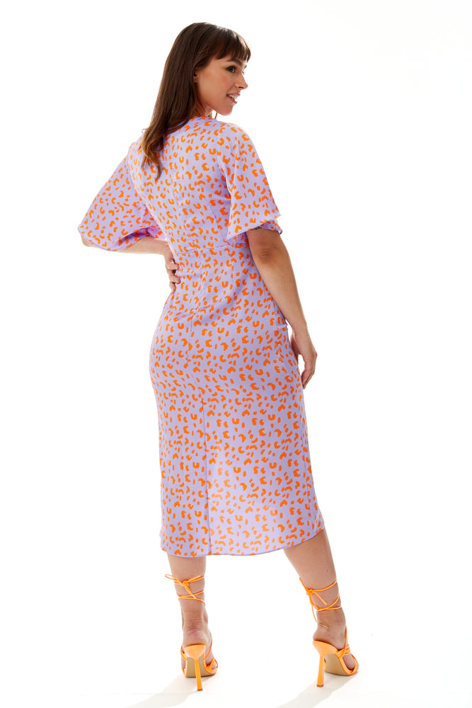 Liquorish Midi Wrap Dress With Cheetah Print In Lilac and Orange