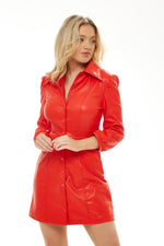 Liquorish Faux Leather Mini Button-Up Dress in Red with Collar