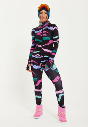 Liquorish Ski Base Layer Top In Black Abstract Print