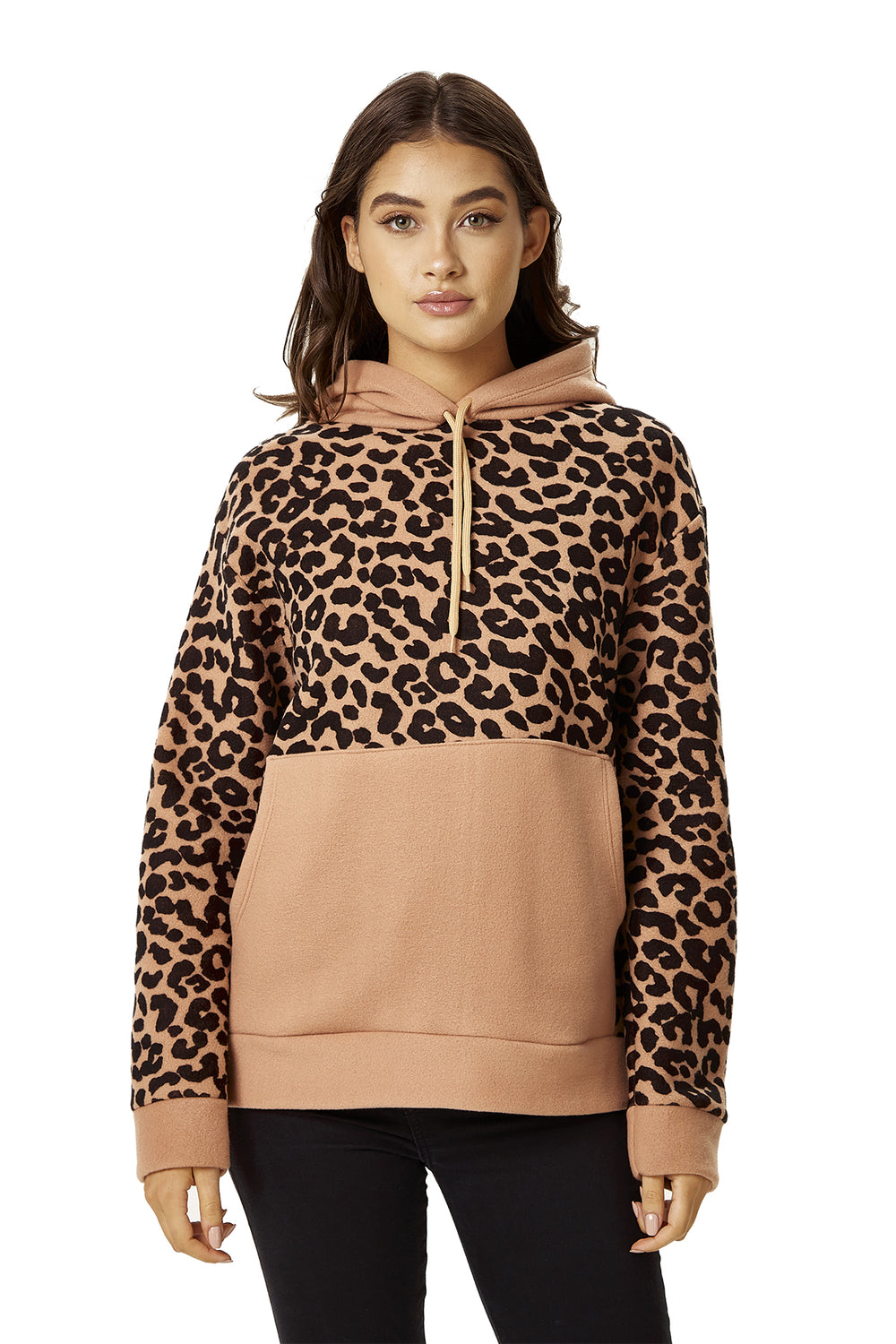 Women's Animal Print Long Sleeve Fleece Hoodie Sweatshirt with High Neck and Front Pocket, Relaxed Fit, Cozy Style