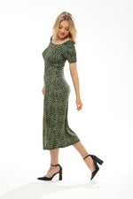 Liquorish Fitted Midi Dress in Khaki Animal Print