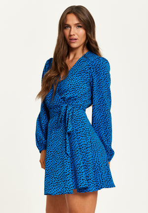 Liquorish Heart Print Mini Wrap Dress With Long Sleeves In Royal Blue