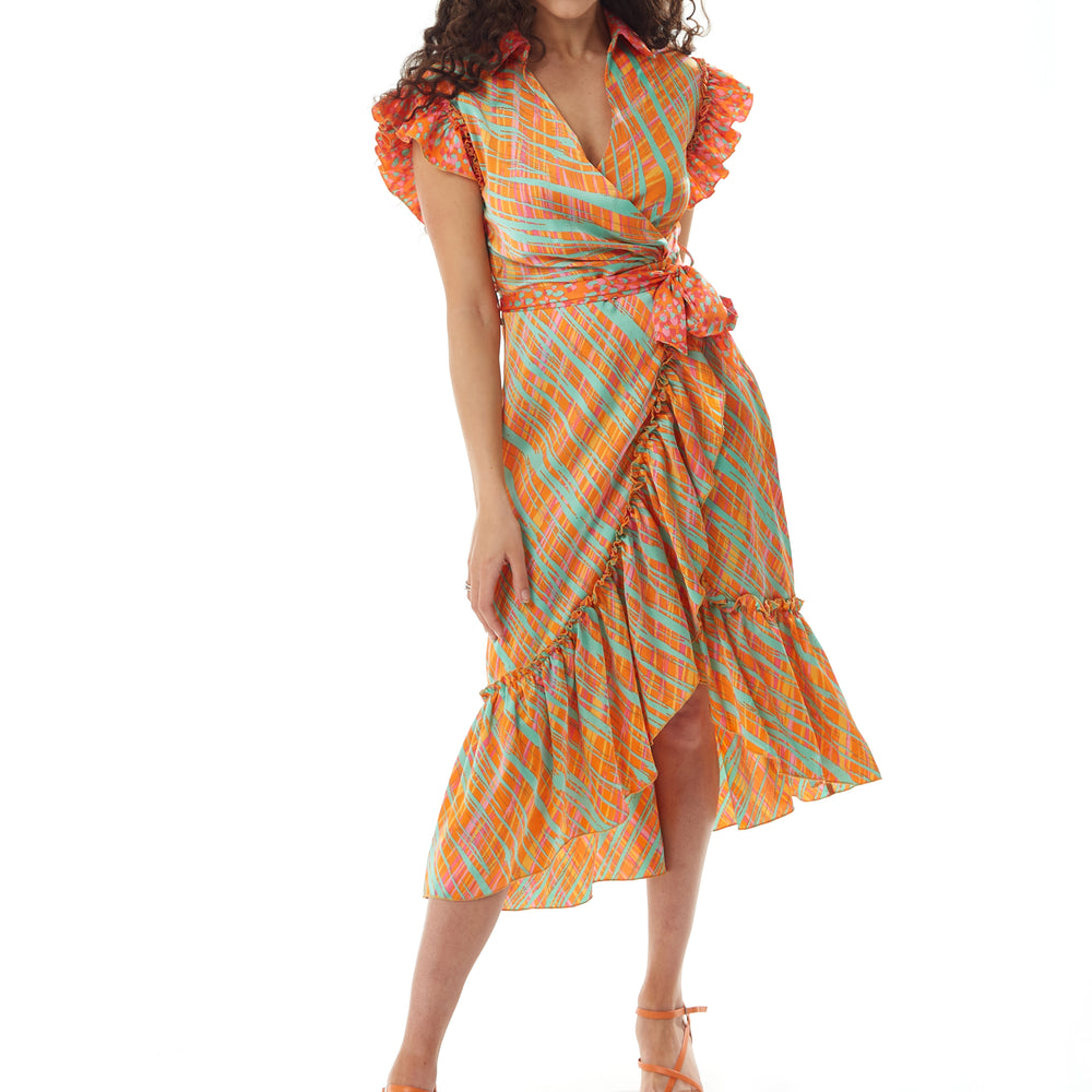 
                  
                    Liquorish Midi Wrap Dress in Orange Scribble Print with Frill Details
                  
                