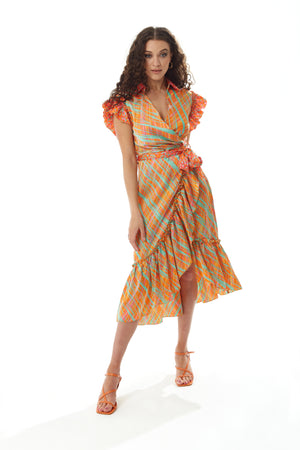 Liquorish Midi Wrap Dress in Orange Scribble Print with Frill Details