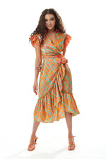 Liquorish Midi Wrap Dress in Orange Scribble Print with Frill Details