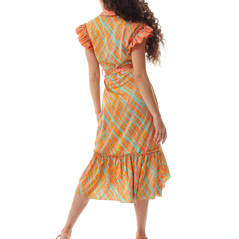 
                  
                    Liquorish Midi Wrap Dress in Orange Scribble Print with Frill Details
                  
                