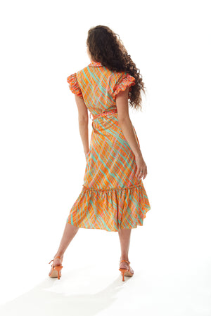 Liquorish Midi Wrap Dress in Orange Scribble Print with Frill Details