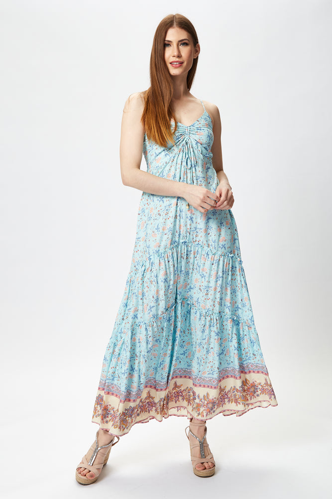 Liquorish Light Blue Floral Cami Maxi Dress with Contrast Hem