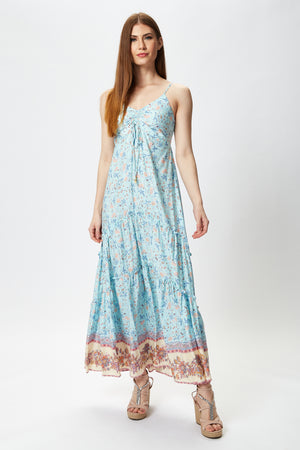 Liquorish Light Blue Floral Cami Maxi Dress with Contrast Hem
