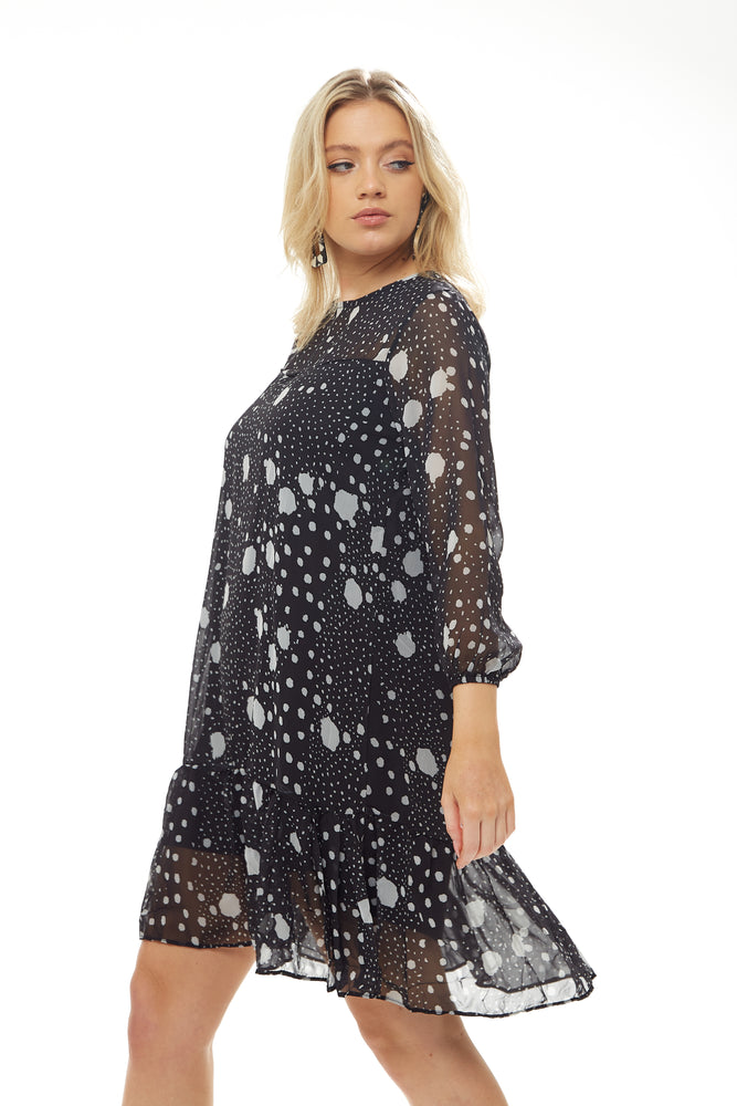 Liquorish Multi Sized Polka Dot Print Chiffon Dress in Black