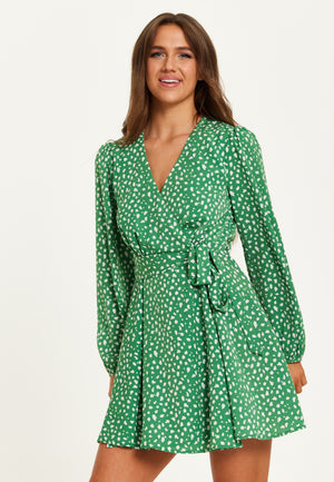 Liquorish Animal Print Mini Wrap Dress With Long Sleeves In Green
