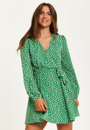 Liquorish Animal Print Mini Wrap Dress With Long Sleeves In Green