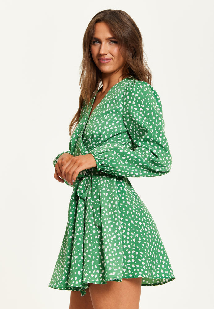 Liquorish Animal Print Mini Wrap Dress With Long Sleeves In Green
