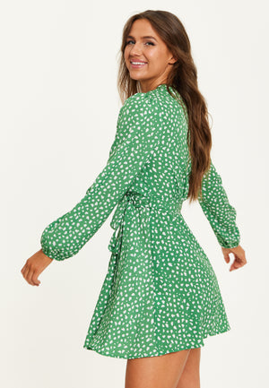 Liquorish Animal Print Mini Wrap Dress With Long Sleeves In Green