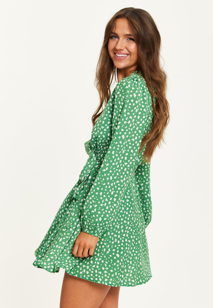 Liquorish Animal Print Mini Wrap Dress With Long Sleeves In Green