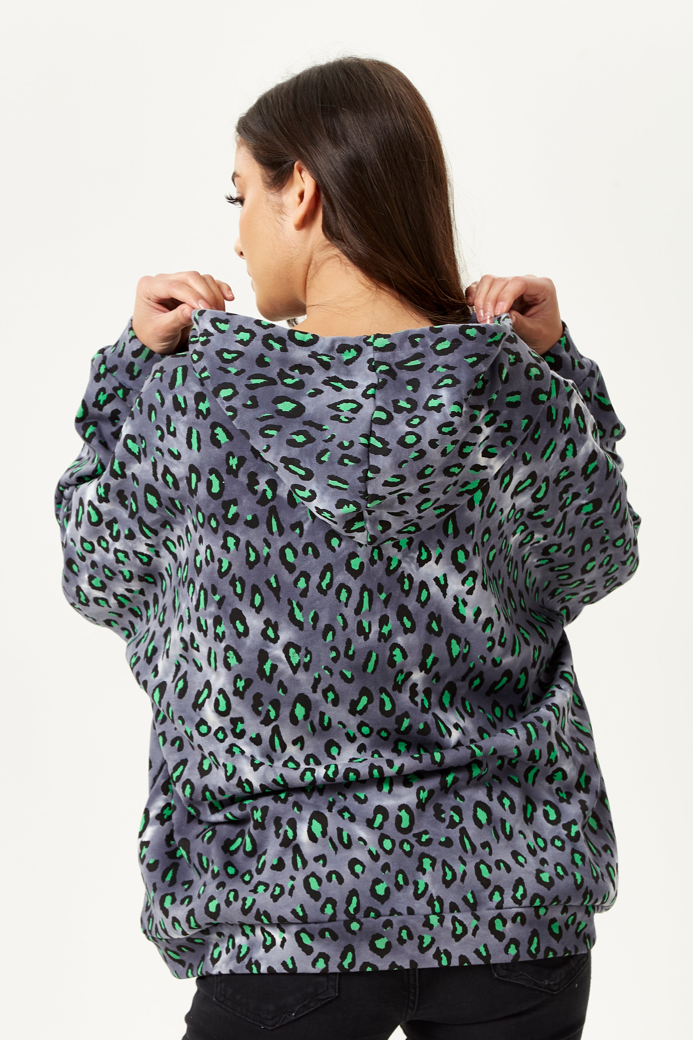 Women s Green Animal Print Hoodie Sweatshirt in Grey with Long Sleeves Liquorish Online