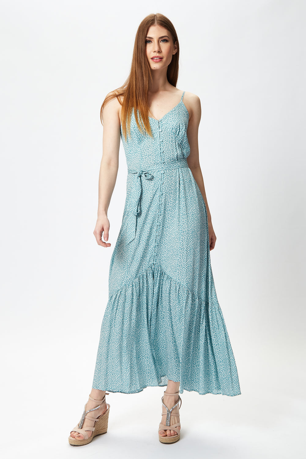 Women's Maxi Dress in Blue with Cami Sleeves and Matching Tie Waist - Liquorish