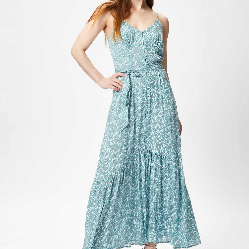 
                  
                    Women's Maxi Dress in Blue with Cami Sleeves and Matching Tie Waist - Liquorish
                  
                