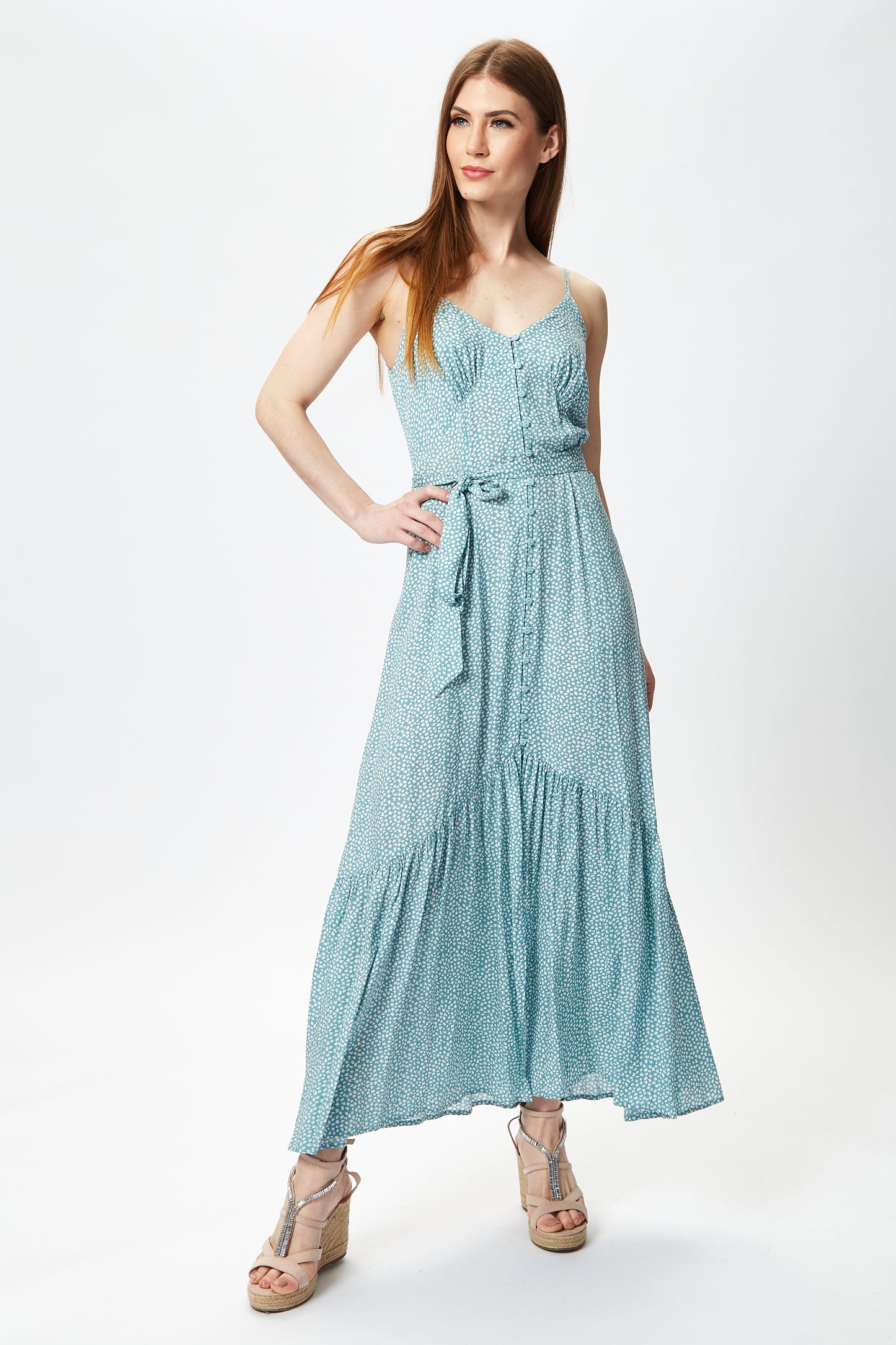 
                  
                    Women's Maxi Dress in Blue with Cami Sleeves and Matching Tie Waist - Liquorish
                  
                