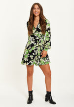 Liquorish Green Floral Print Mini Wrap Dress With Long Sleeves In Black