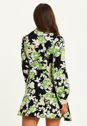 Liquorish Green Floral Print Mini Wrap Dress With Long Sleeves In Black