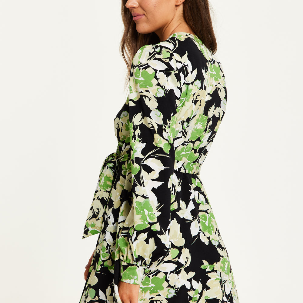
                  
                    Liquorish Green Floral Print Mini Wrap Dress With Long Sleeves In Black
                  
                