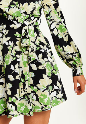 Liquorish Green Floral Print Mini Wrap Dress With Long Sleeves In Black