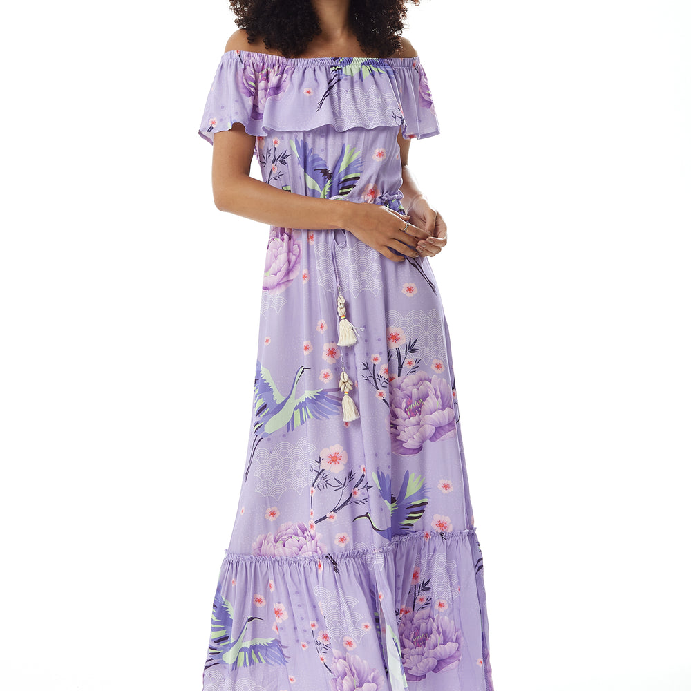 
                  
                    Liquorish Bird and Floral Print Off Shoulder Maxi Dress in Lilac
                  
                
