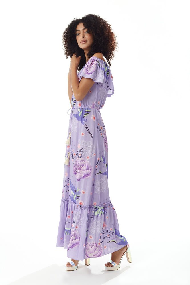 Liquorish Bird and Floral Print Off Shoulder Maxi Dress in Lilac