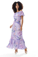 Liquorish Bird and Floral Print Off Shoulder Maxi Dress in Lilac