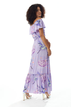 Liquorish Bird and Floral Print Off Shoulder Maxi Dress in Lilac