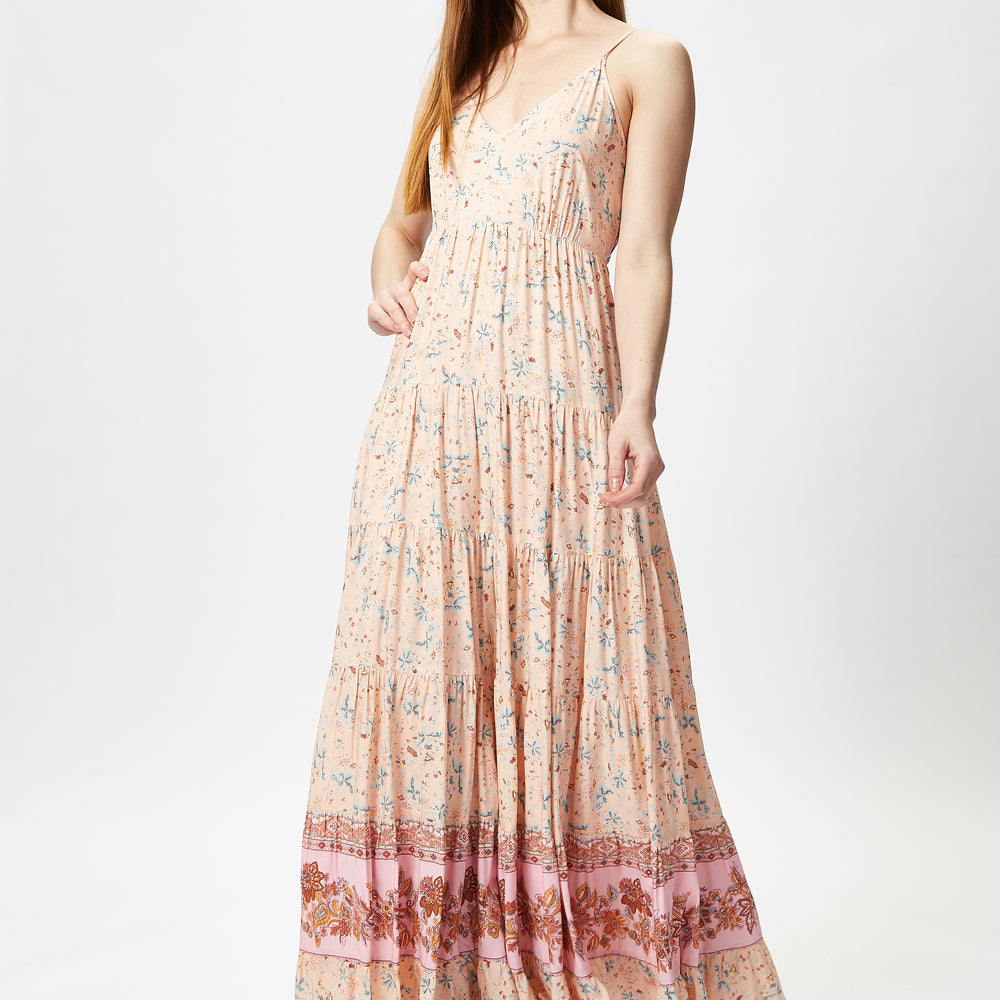 
                  
                    Liquorish Cami Maxi Dress in Nude Floral Print with Tie Back
                  
                
