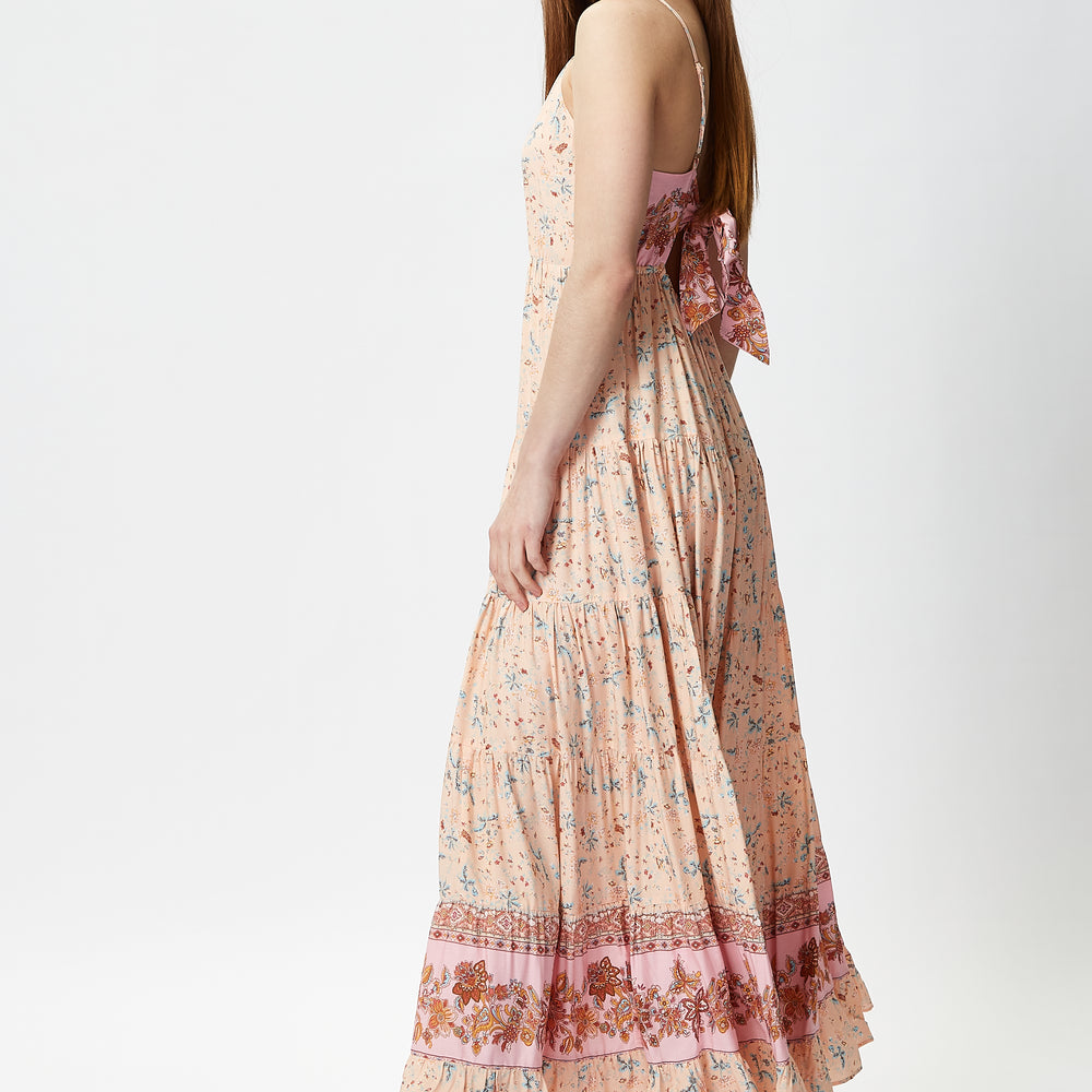 
                  
                    Liquorish Cami Maxi Dress in Nude Floral Print with Tie Back
                  
                