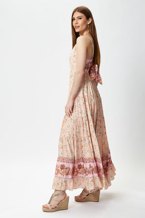 Liquorish Cami Maxi Dress in Nude Floral Print with Tie Back