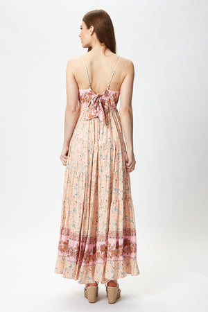 Liquorish Cami Maxi Dress in Nude Floral Print with Tie Back